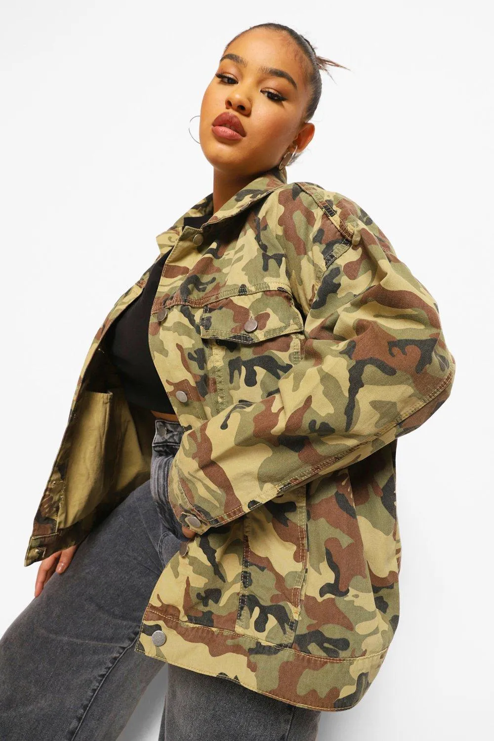 Plus Camo Oversized Denim Jacket