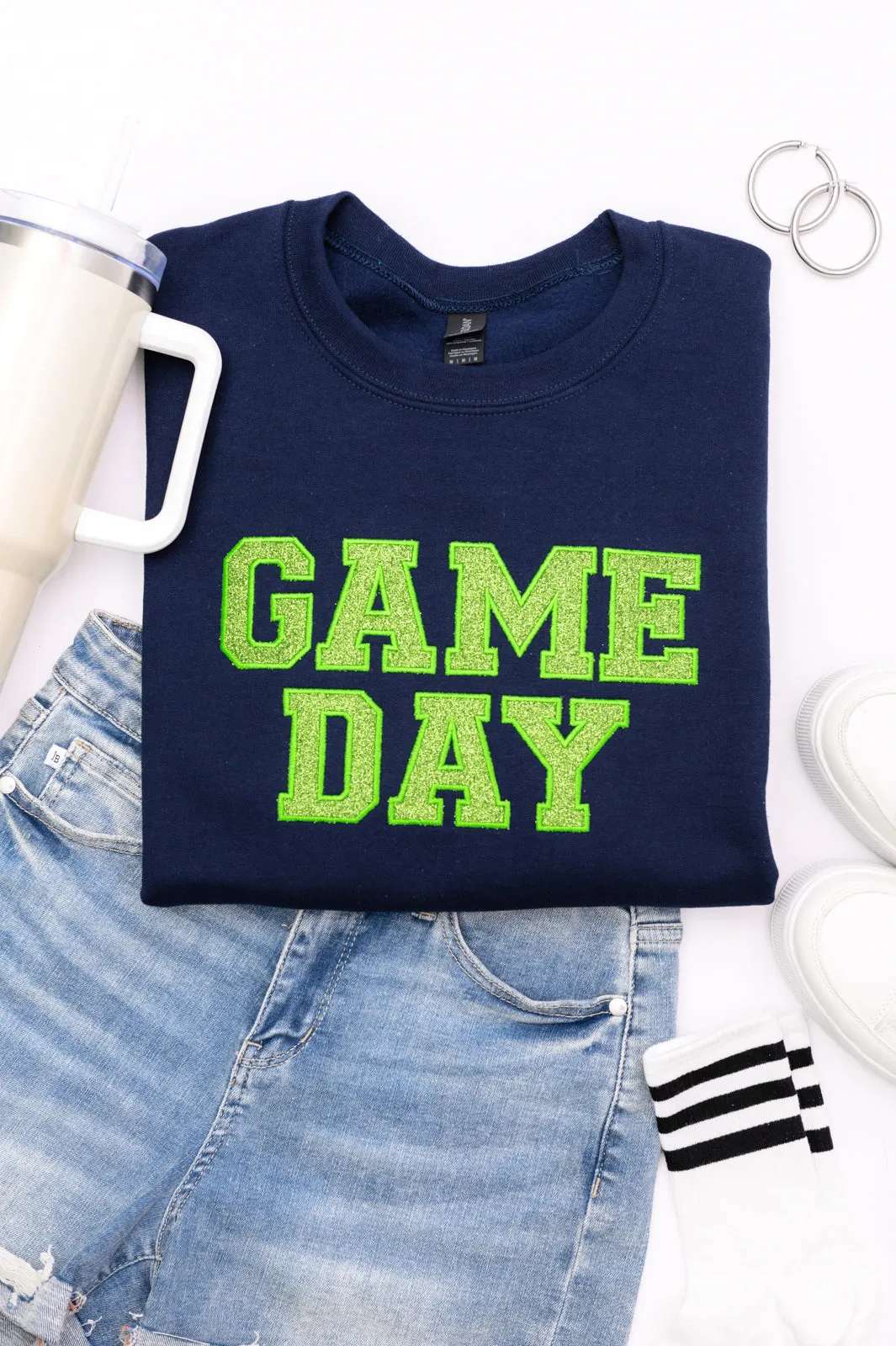 PREORDER: Embroidered Glitter Game Day Sweatshirt in Navy/Green