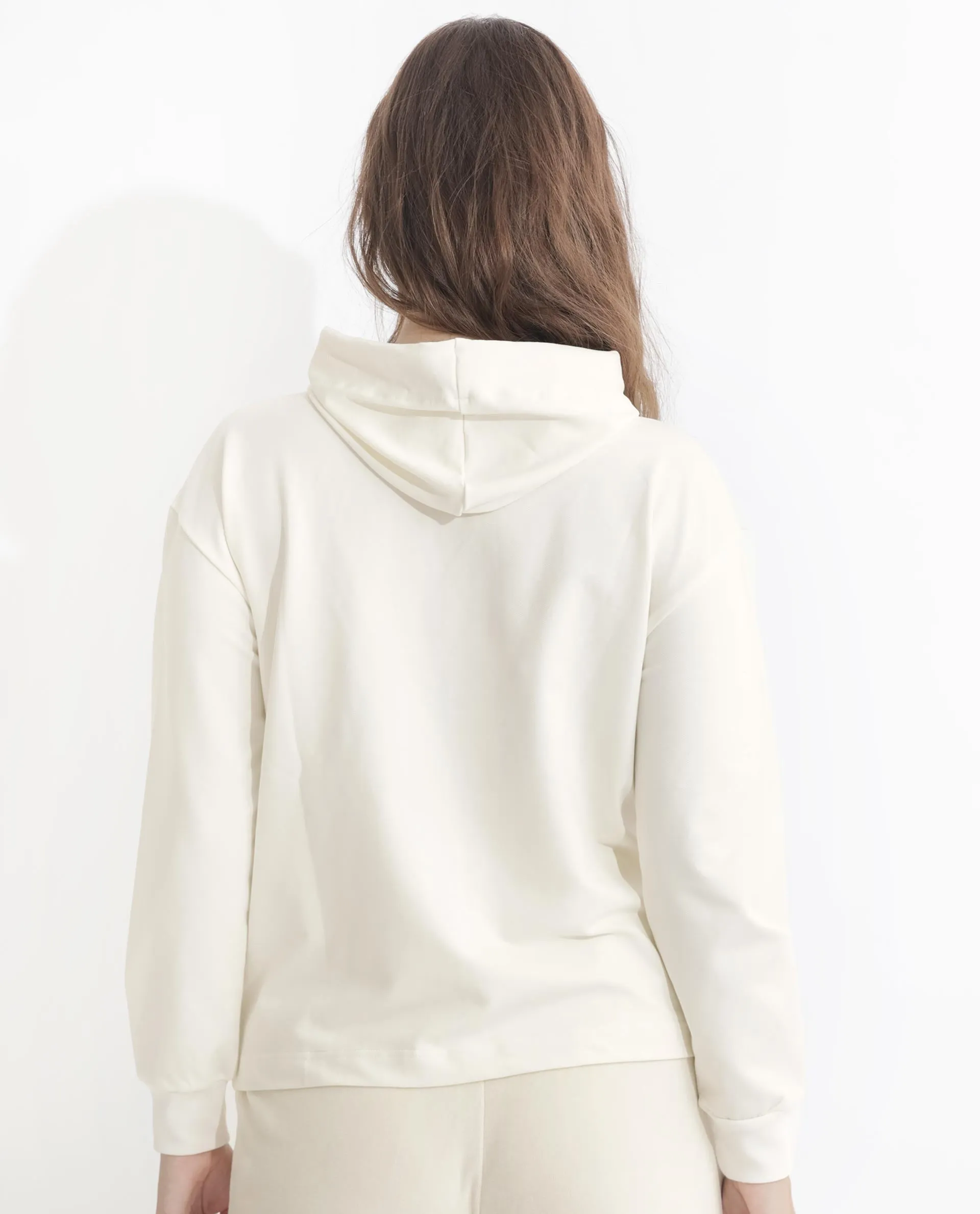 Rareism Women Flynn Off White Cotton Lycra Fabric Regular Fit Full Sleeves Solid Hooded Sweatshirt