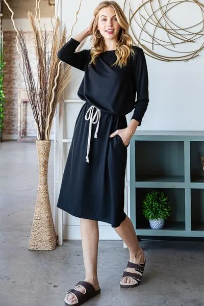 Reborn J Drawstring Waist Long Sleeve Tee Dress