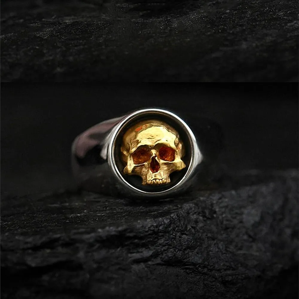 Resizable Vintage Green Zircon Skull Ring