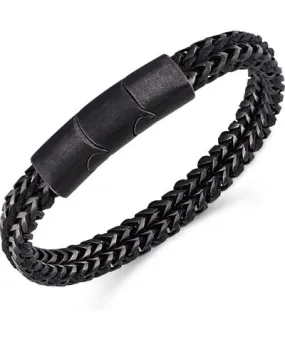 Rhona Sutton Black Gun Metal Leather Chain Stainless Steel Bracelet