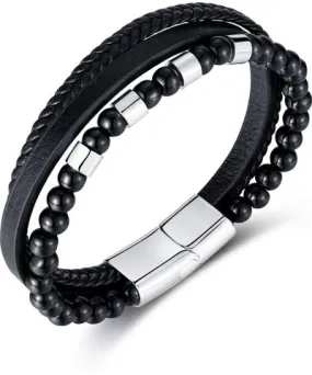 Rhona Sutton Black Leather Beaded Stainless Steel Bracelet