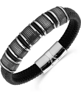 Rhona Sutton Black Vanguard Gun Metal Leather Stainless Steel Bracelet