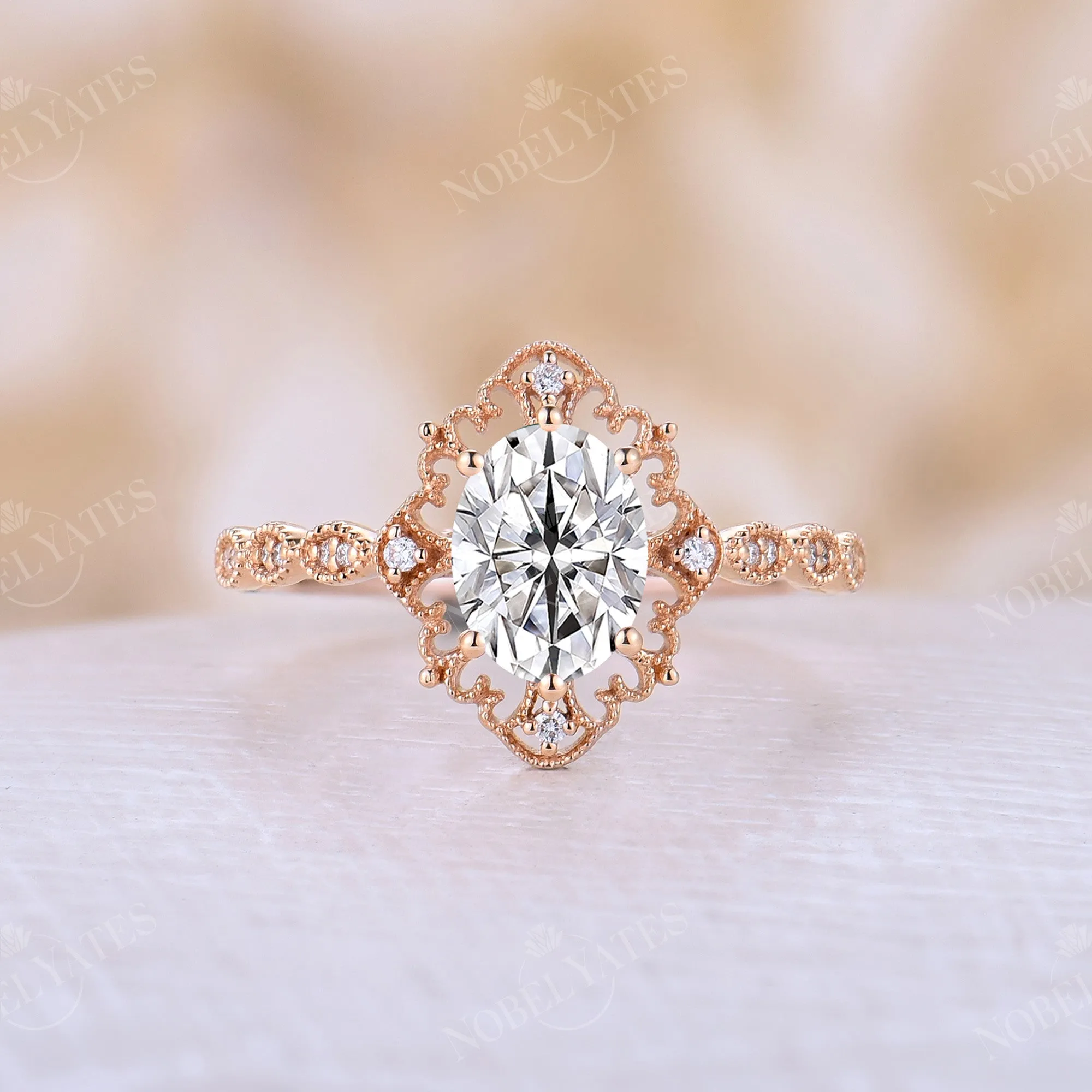 Rose Gold Moissanite Vintage Engagement Ring Half Eternity Band