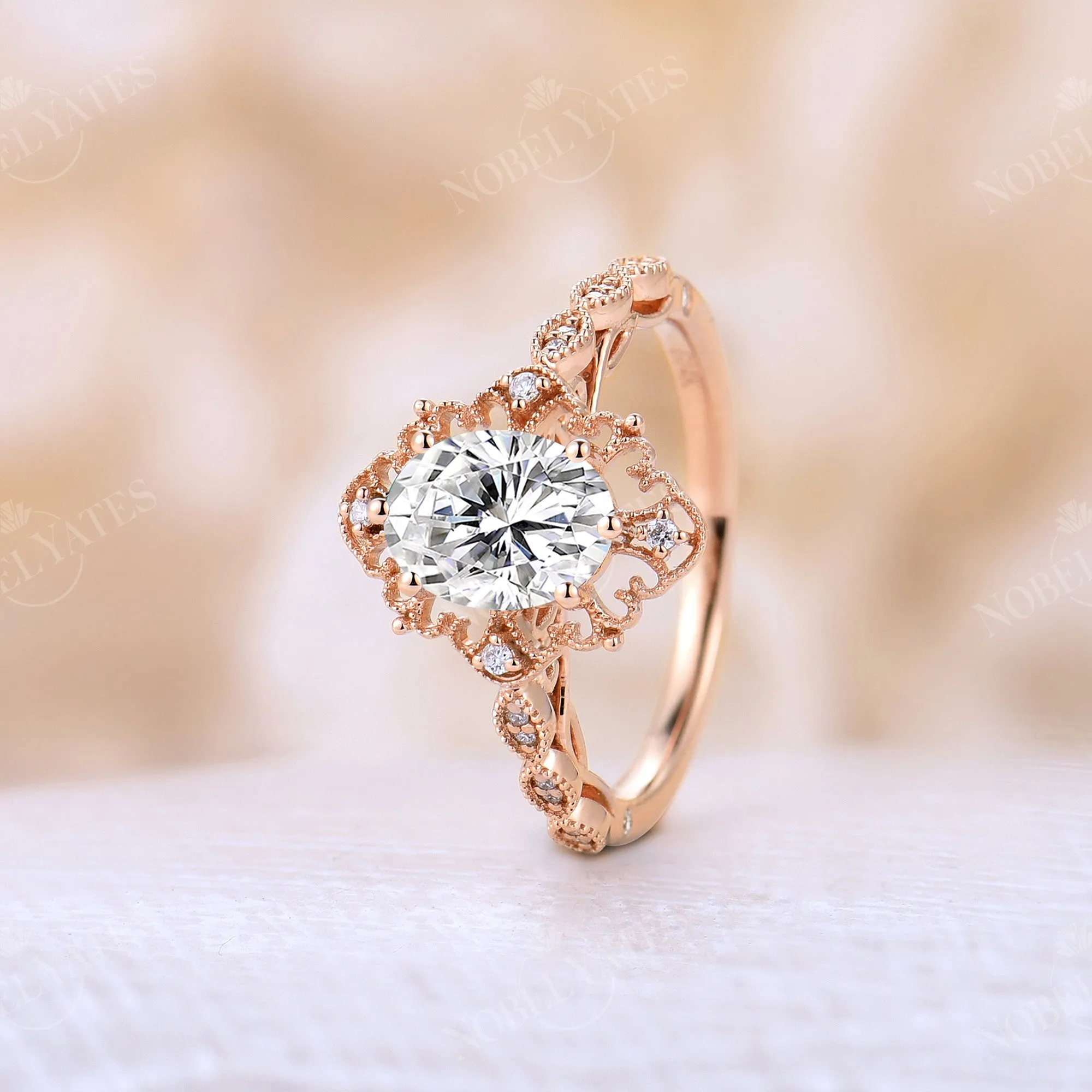 Rose Gold Moissanite Vintage Engagement Ring Half Eternity Band