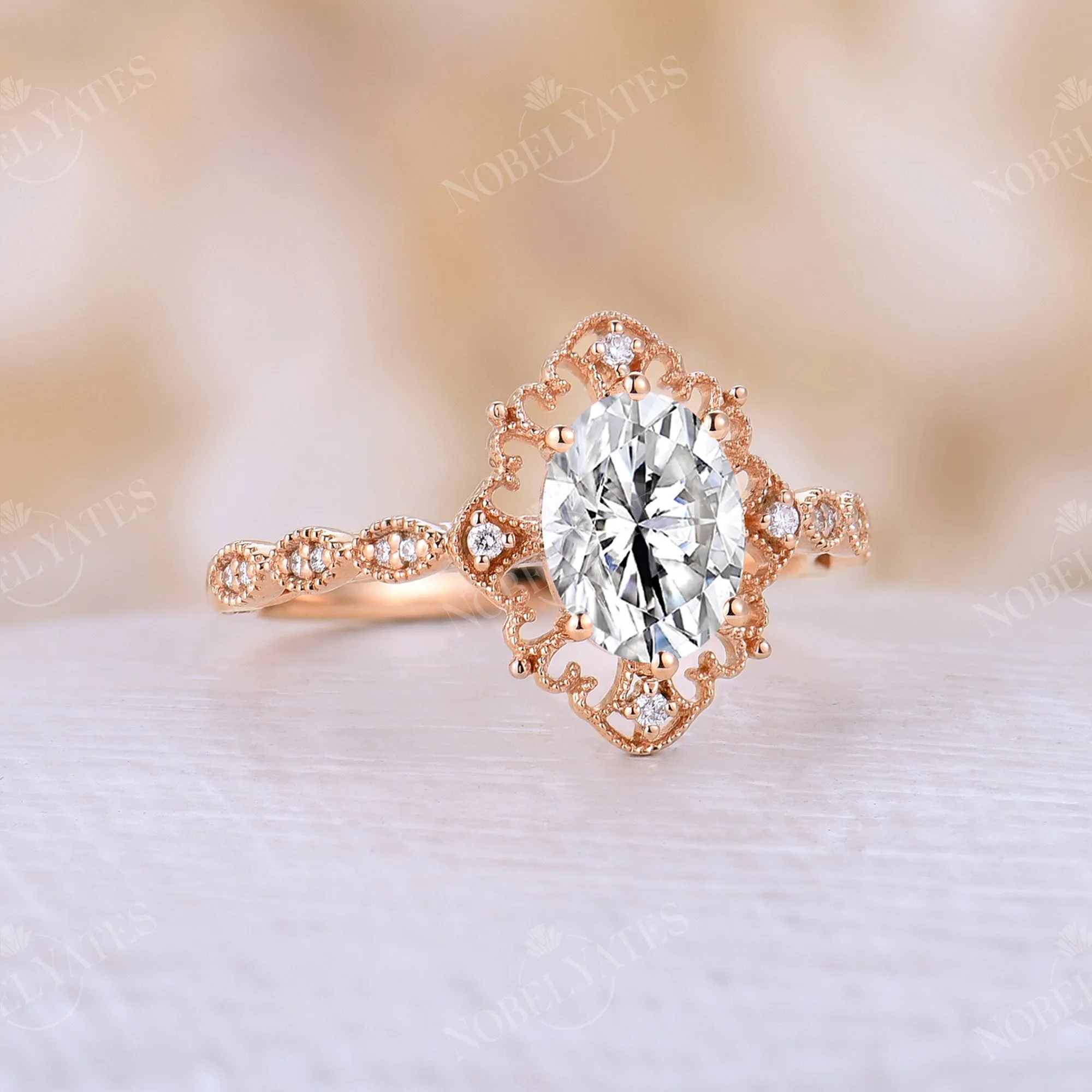 Rose Gold Moissanite Vintage Engagement Ring Half Eternity Band