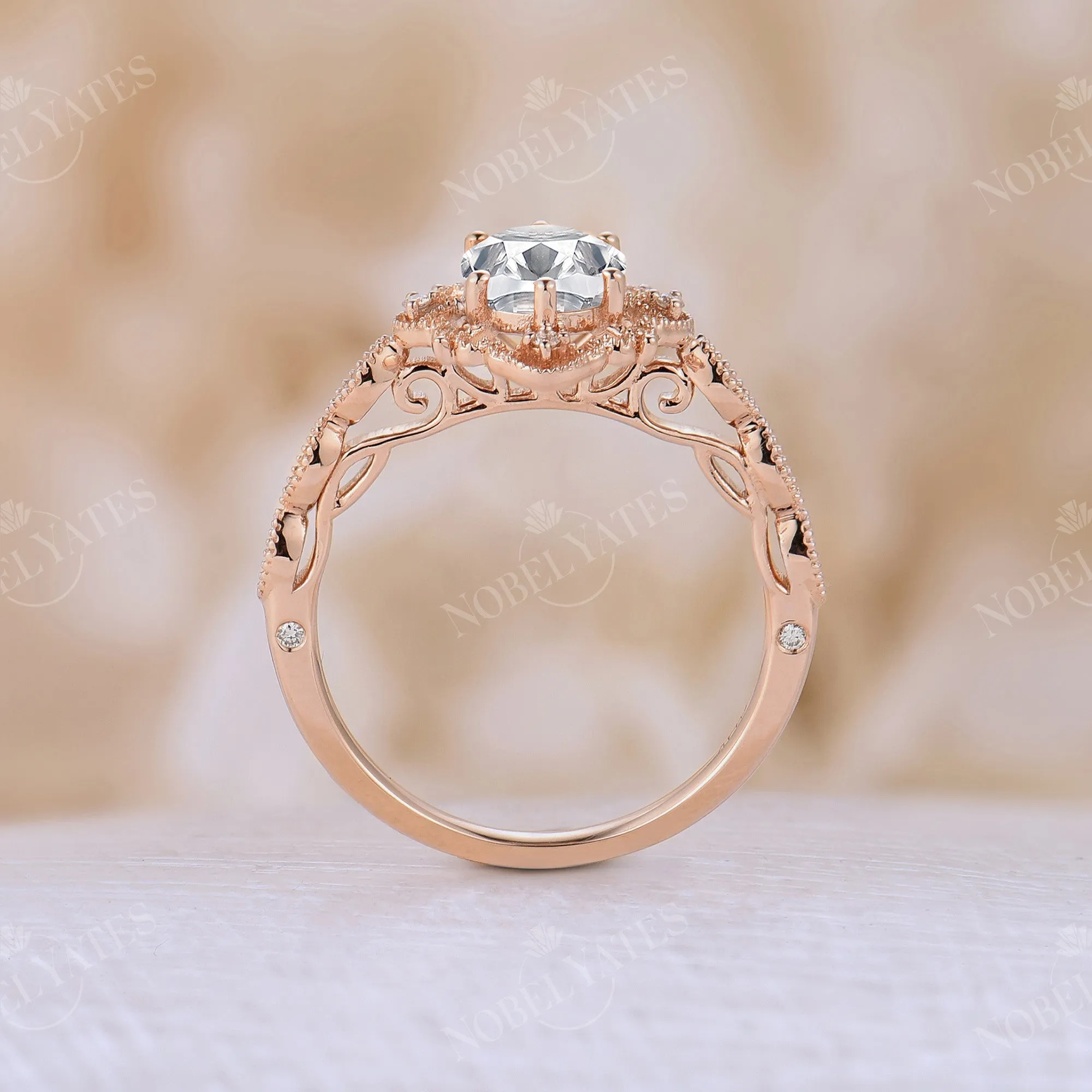 Rose Gold Moissanite Vintage Engagement Ring Half Eternity Band