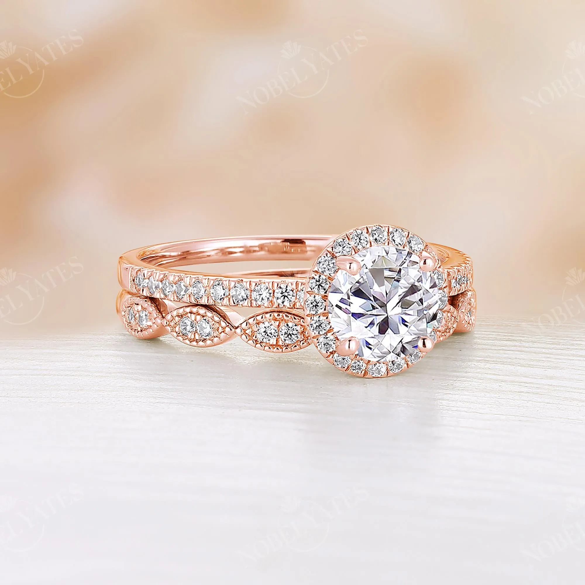 Round Moissanite Vintage Milgrain Rose Gold Halo&Pave Bridal Set