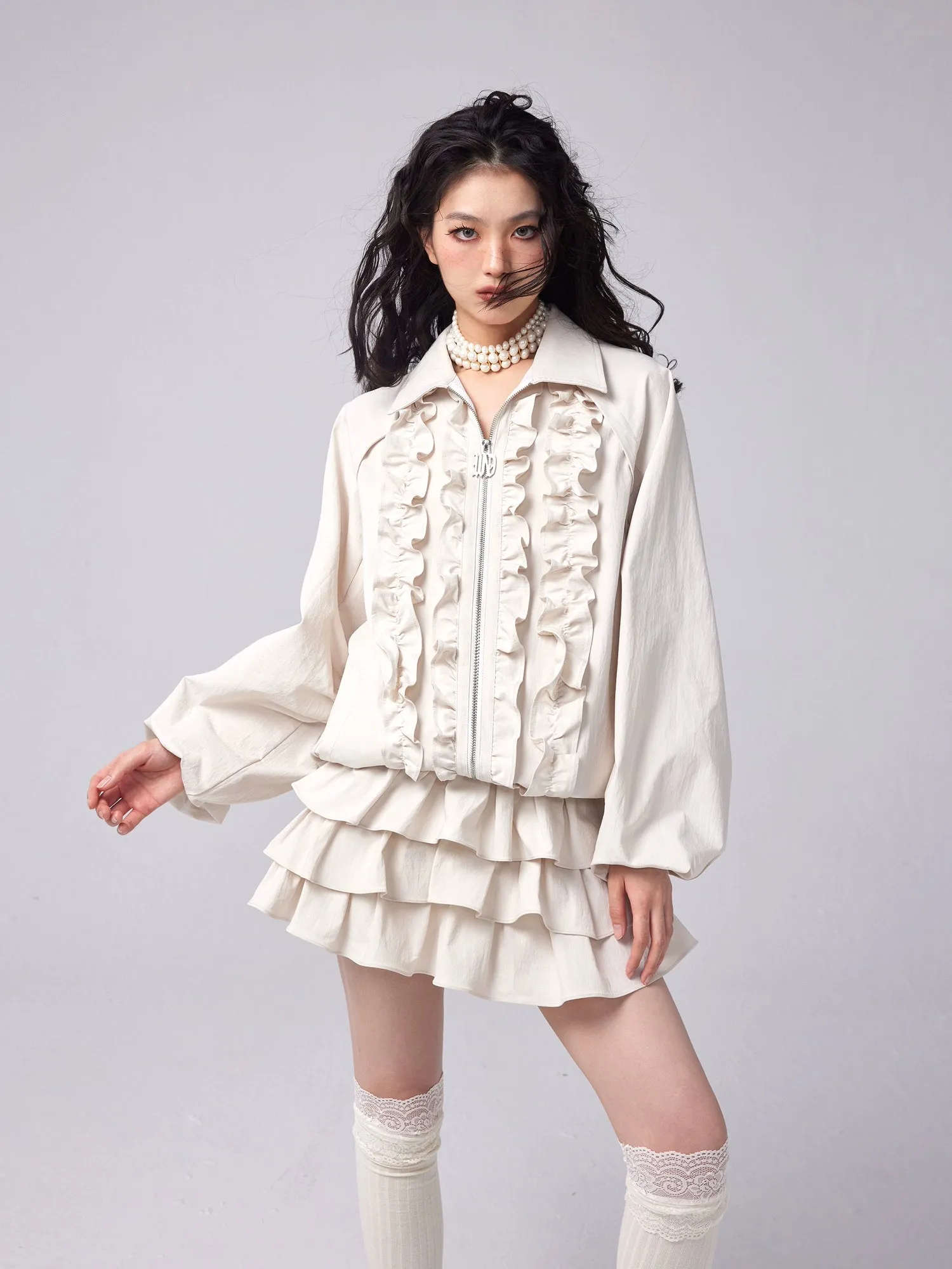 Ruffled POLO Collar Swing Jacket ＆ Cake Skirt