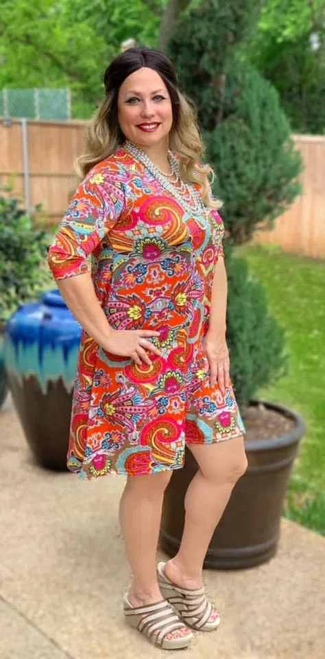 SM / MED * Orange and Pink Paisley Design Flutter Tunic Dress