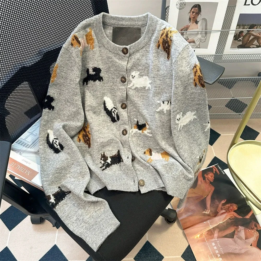 Small gray short soft waxy sweater coat for women autumn Korean style sweet and cute puppy knitted cardigan top