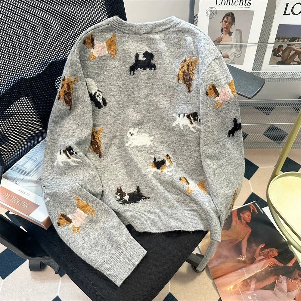 Small gray short soft waxy sweater coat for women autumn Korean style sweet and cute puppy knitted cardigan top