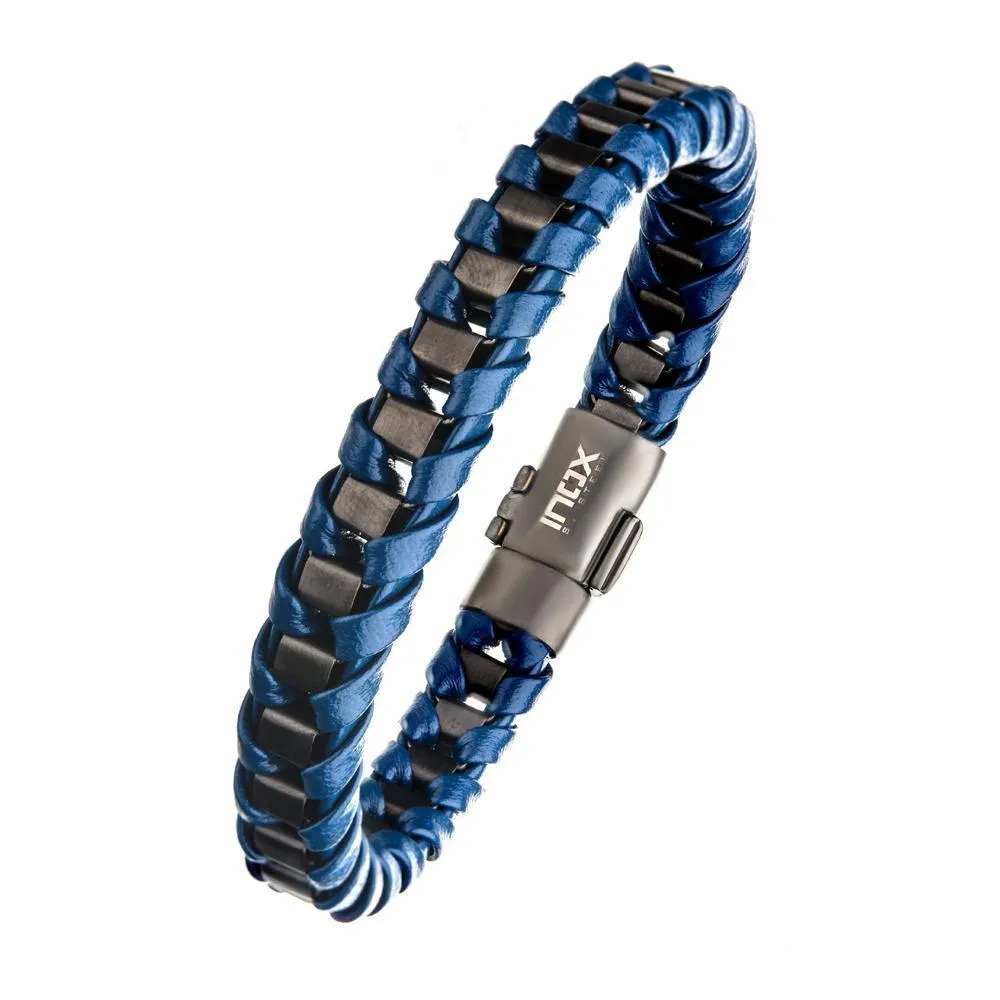 Stainless Steel Navy Leather with Gun Metal Ion Plated Bracelet