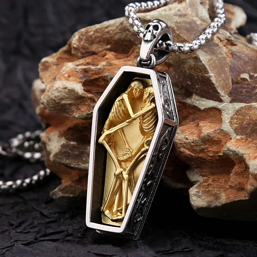 Stainless Steel Vintage Double Skull Coffin Pendant Necklace