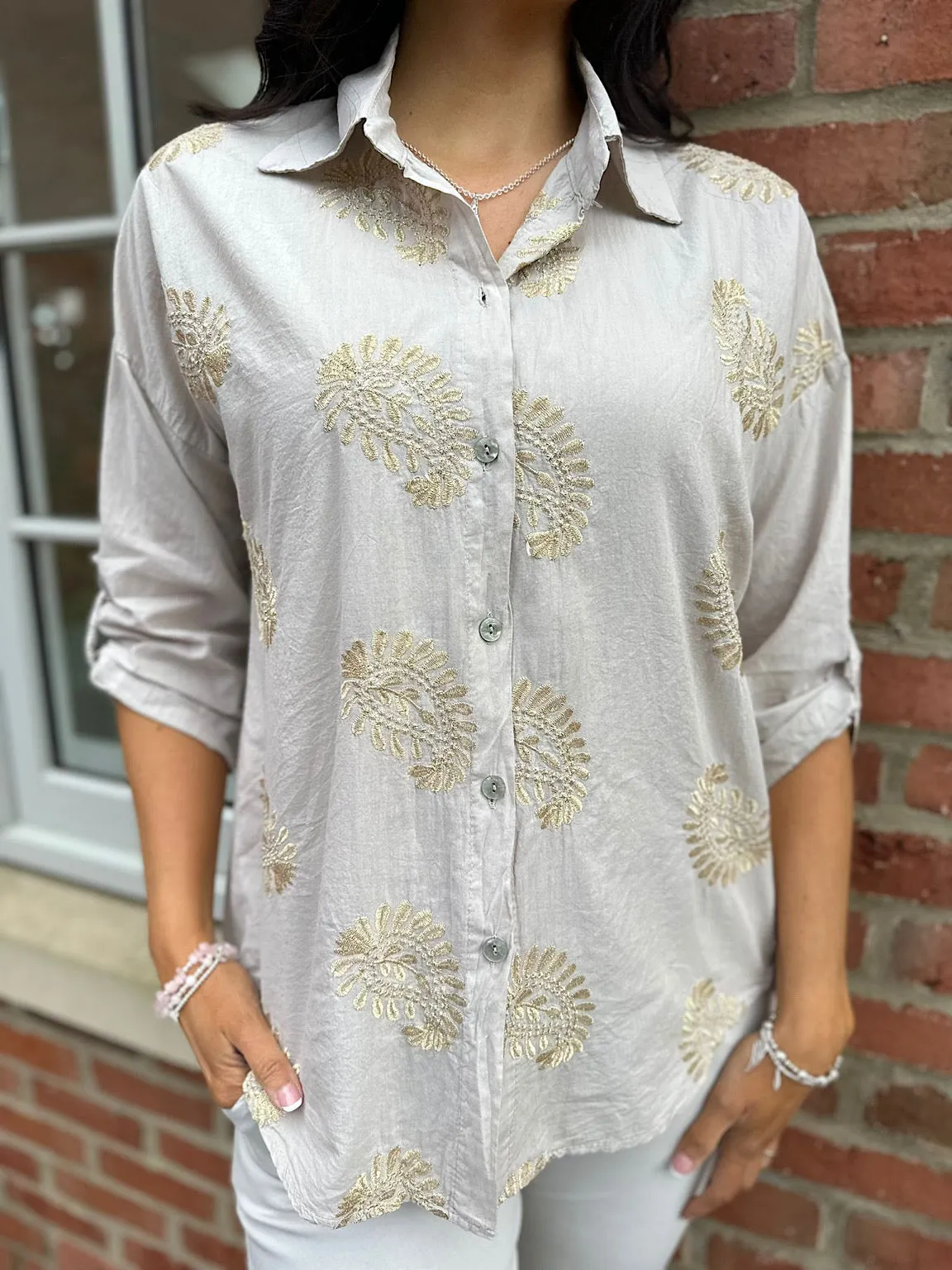 Stone Gold Shimmer Crochet Paisley Shirt Olivia