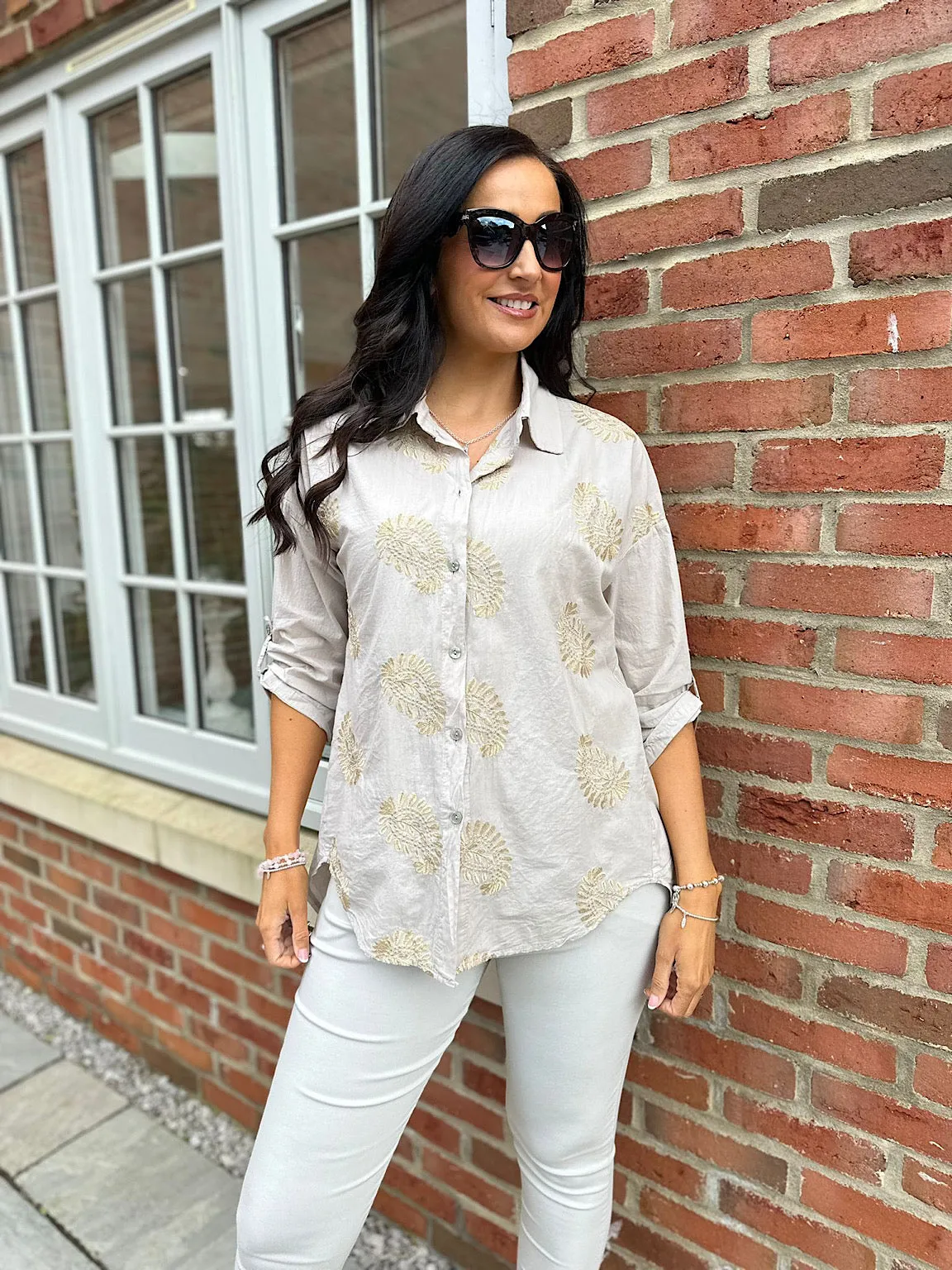 Stone Gold Shimmer Crochet Paisley Shirt Olivia