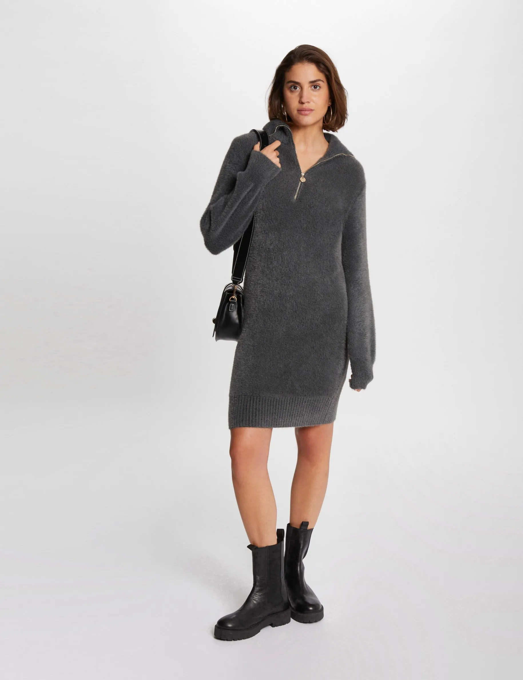 Straight jumper dress zipped-rollneck anthracite grey women