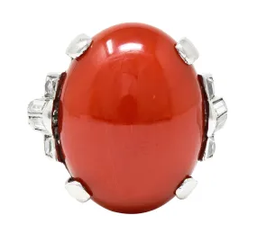 Tiffany & Co. Art Deco Coral Diamond Platinum Cabochon Vintage Ring