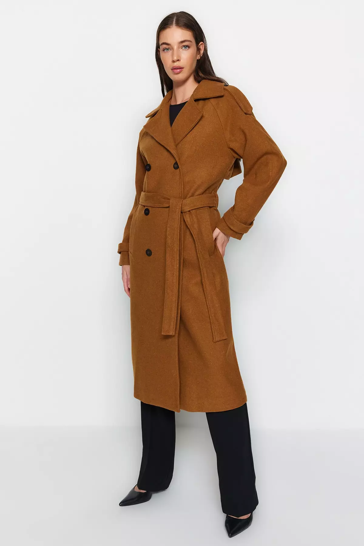 Trendyol Camel Belted Trench Coat