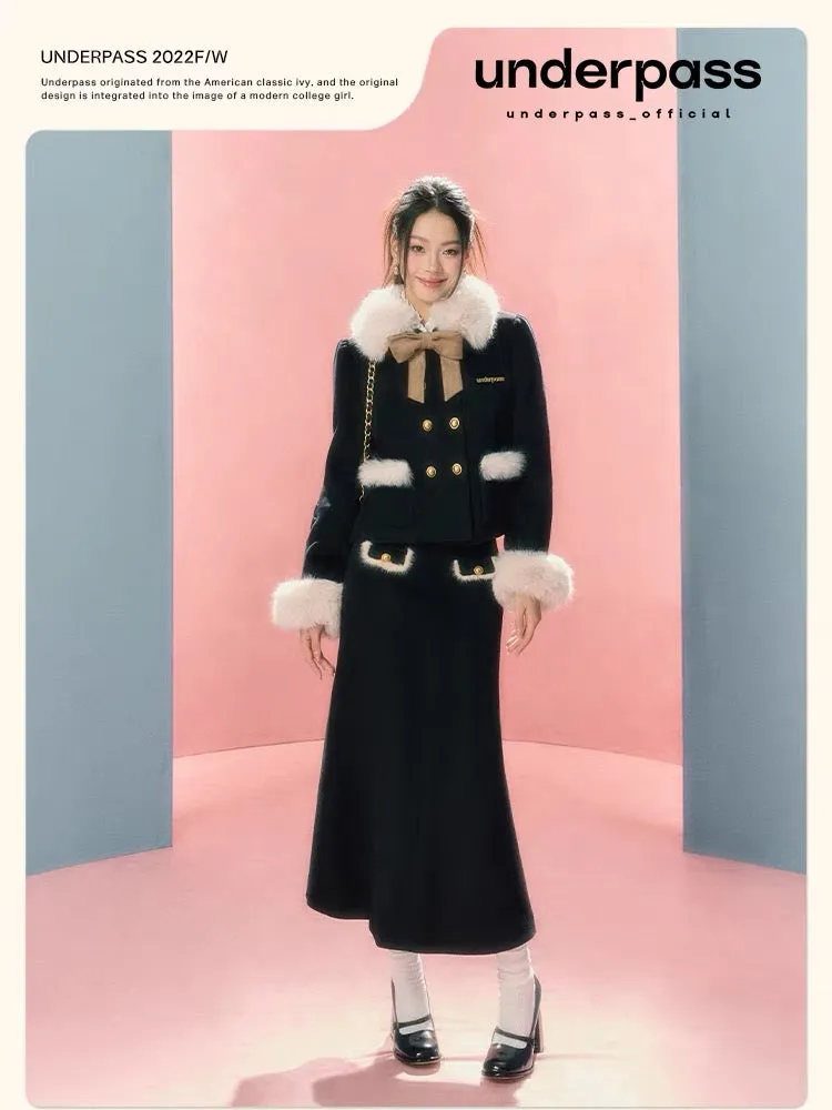 underpass original gold-style fur collar black wool stitching contrasting color coat long skirt two-piece suit skirt