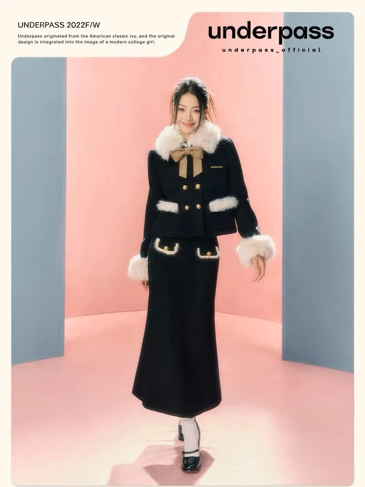 underpass original gold-style fur collar black wool stitching contrasting color coat long skirt two-piece suit skirt