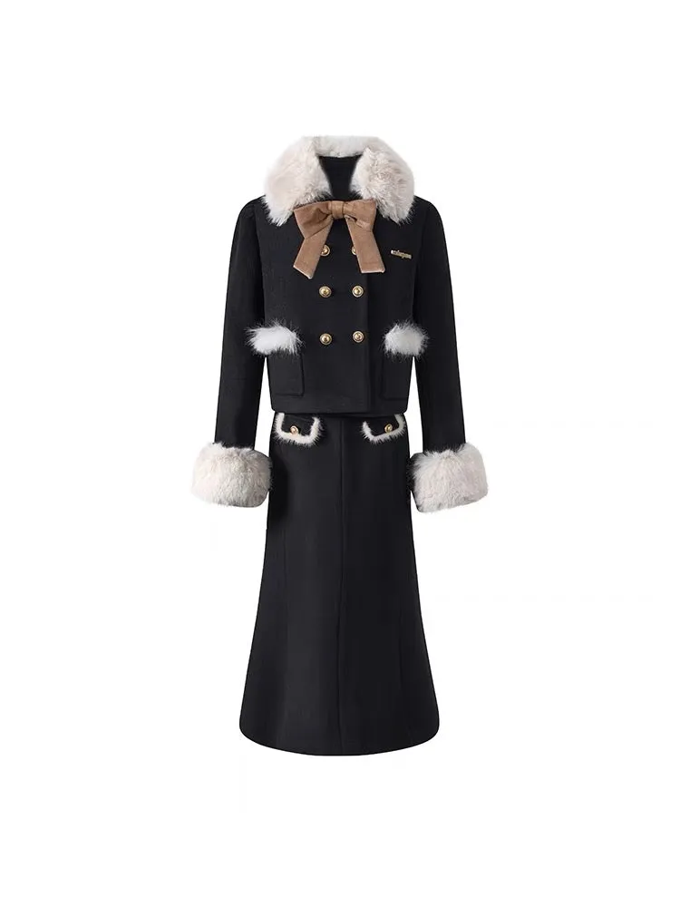 underpass original gold-style fur collar black wool stitching contrasting color coat long skirt two-piece suit skirt