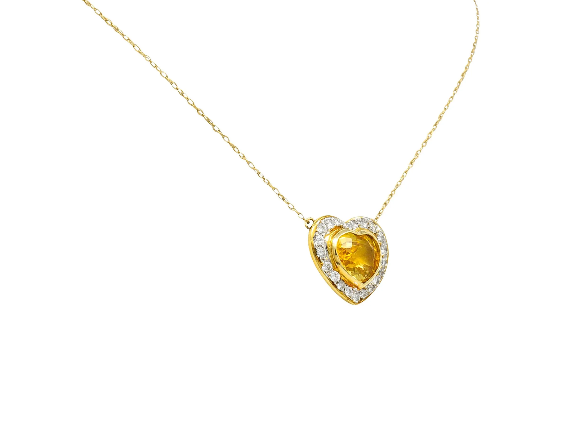 Vintage 2.00 CTW Yellow Sapphire Diamond 14 Karat Two-Tone Gold Heart Necklace