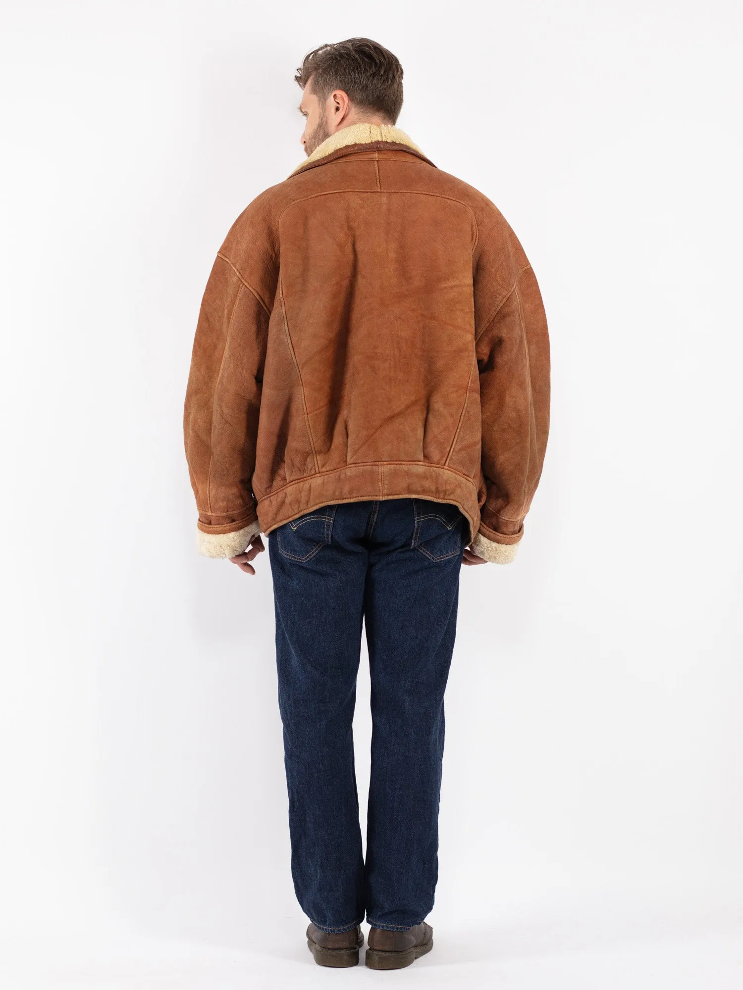 Vintage 80's Men Oversized Sheepskin Bomber Jacket in Brown