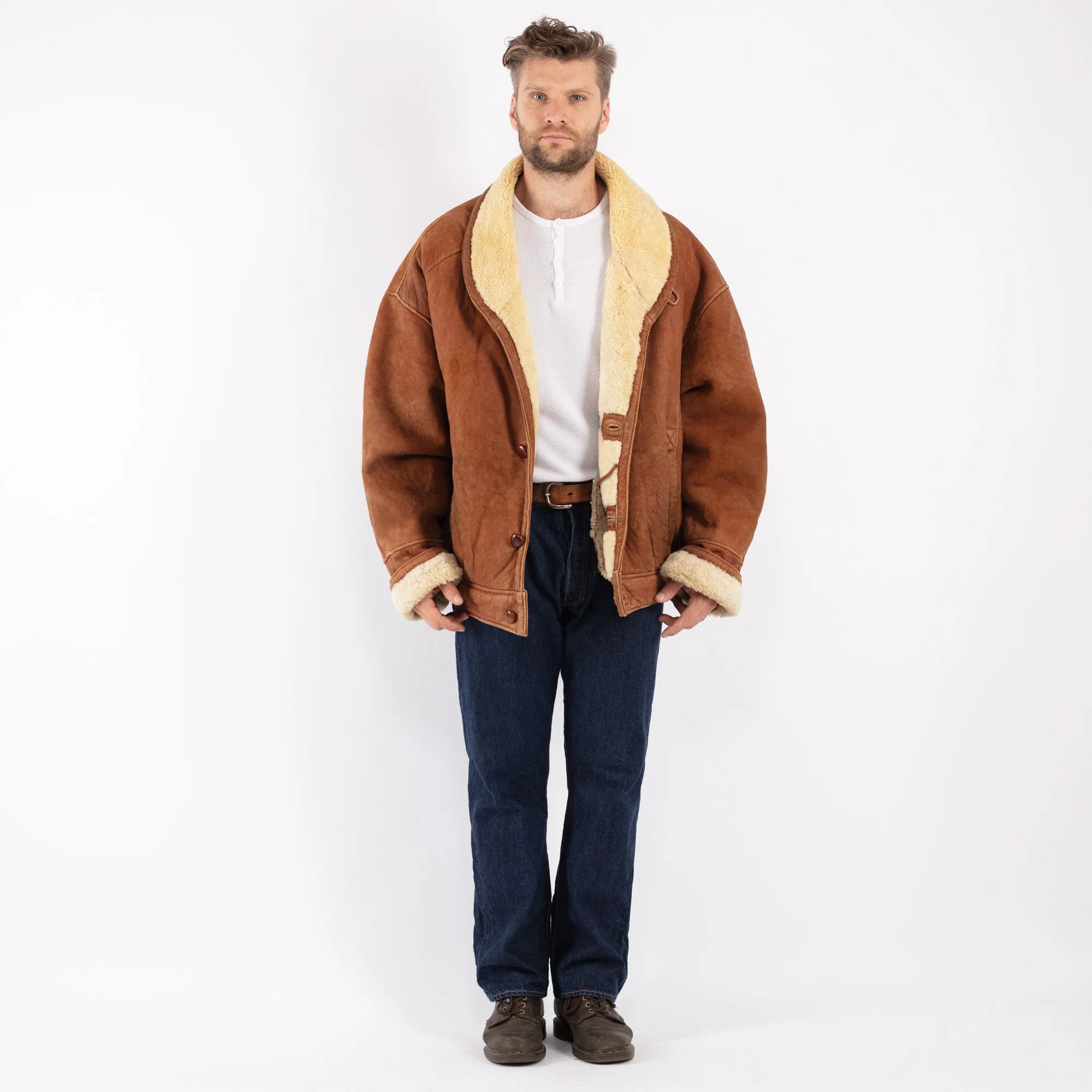 Vintage 80's Men Oversized Sheepskin Bomber Jacket in Brown