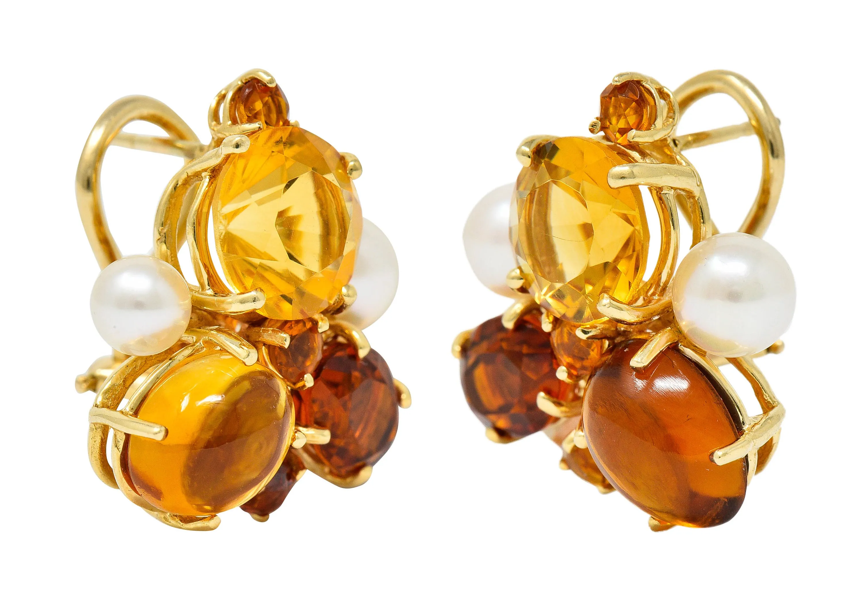 Vintage Citrine Cultured Pearl 14 Karat Gold Cluster Earrings