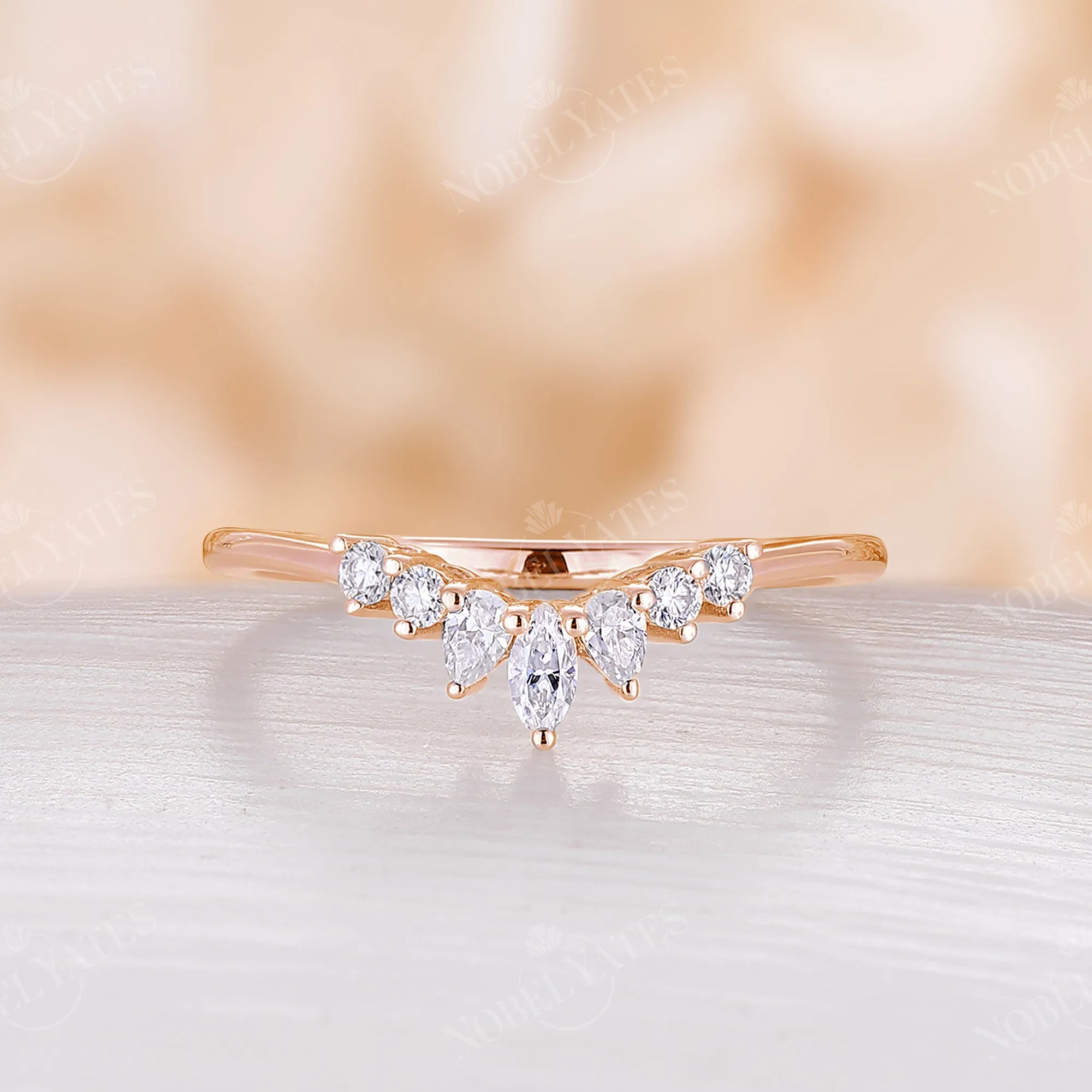 Vintage Marquise Cut Moissanite Curved Wedding Band Rose Gold