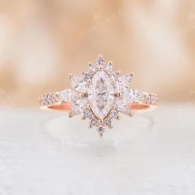 Vintage Marquise Moissanite Halo Engagement Ring Rose Gold