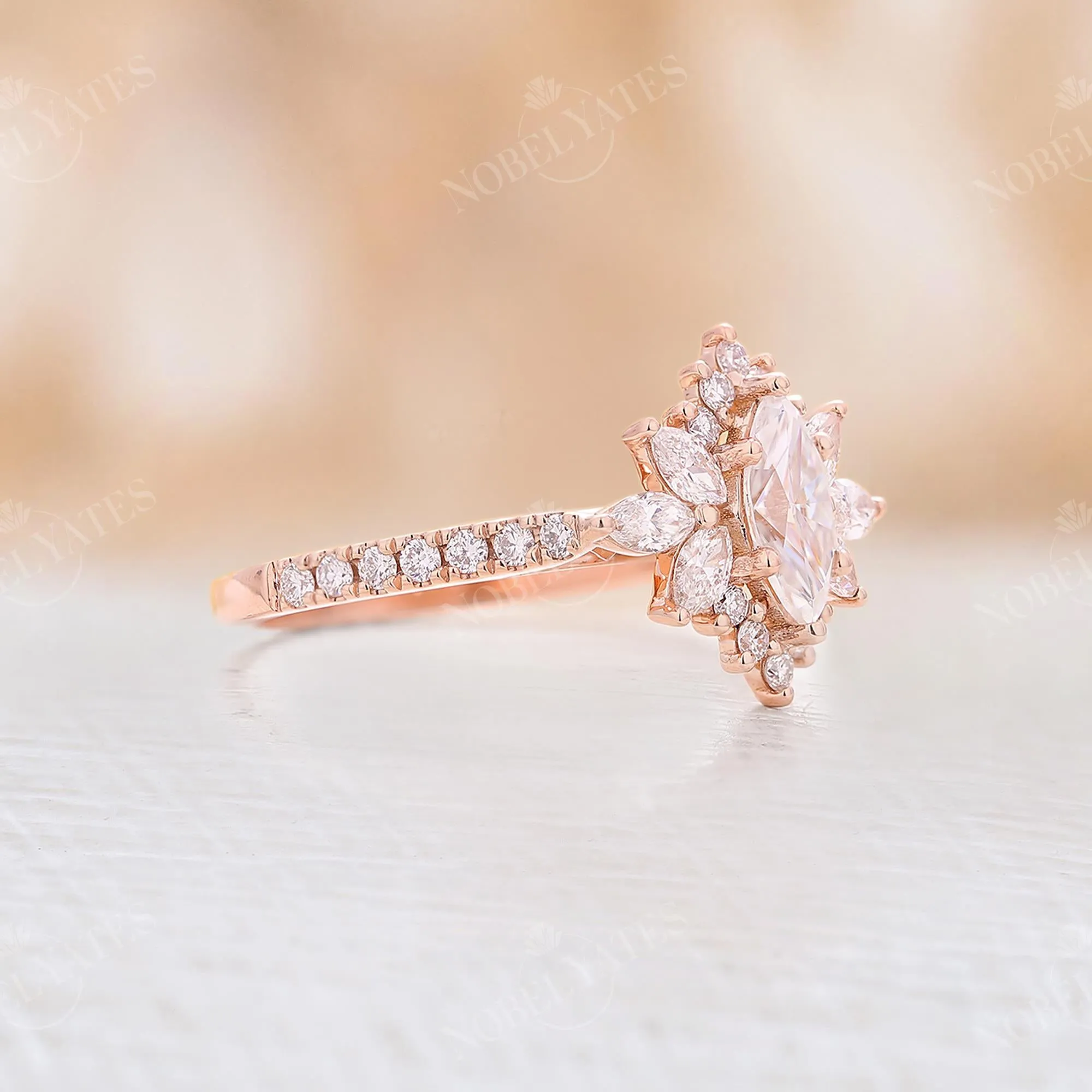 Vintage Marquise Moissanite Halo Engagement Ring Rose Gold