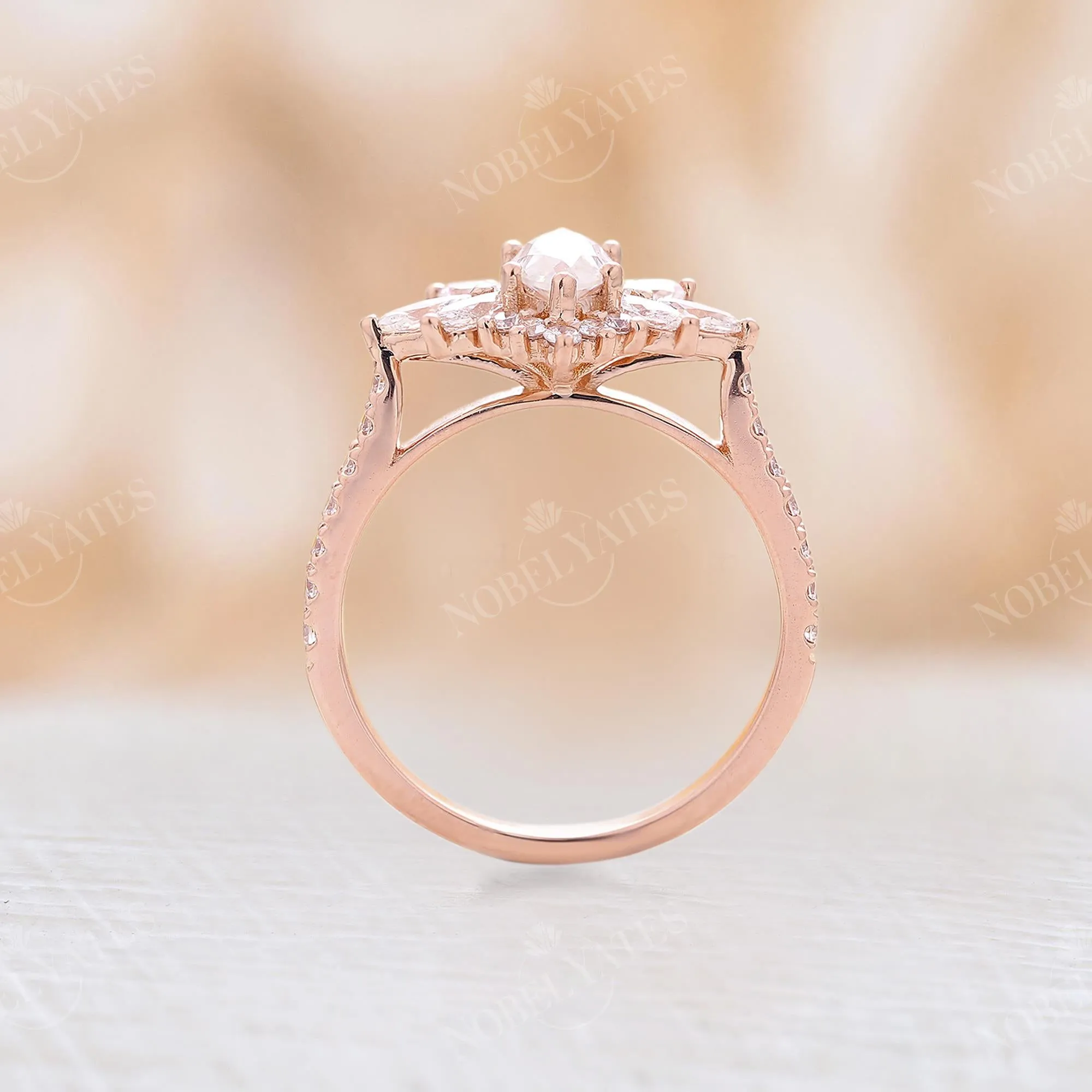 Vintage Marquise Moissanite Halo Engagement Ring Rose Gold