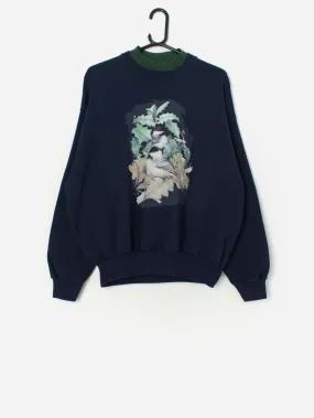 Vintage navy blue Christmas sweatshirt with baby blue birds – Large