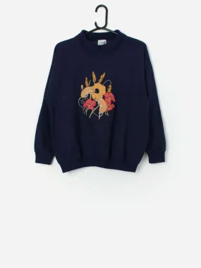 Vintage navy blue collared sweatshirt with wood mice – Medium