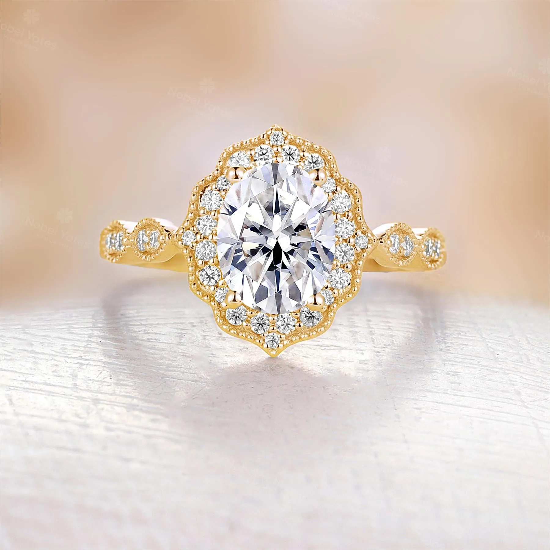 Vintage Oval Moissanite Milgrain Halo Engagement Ring Yellow Gold