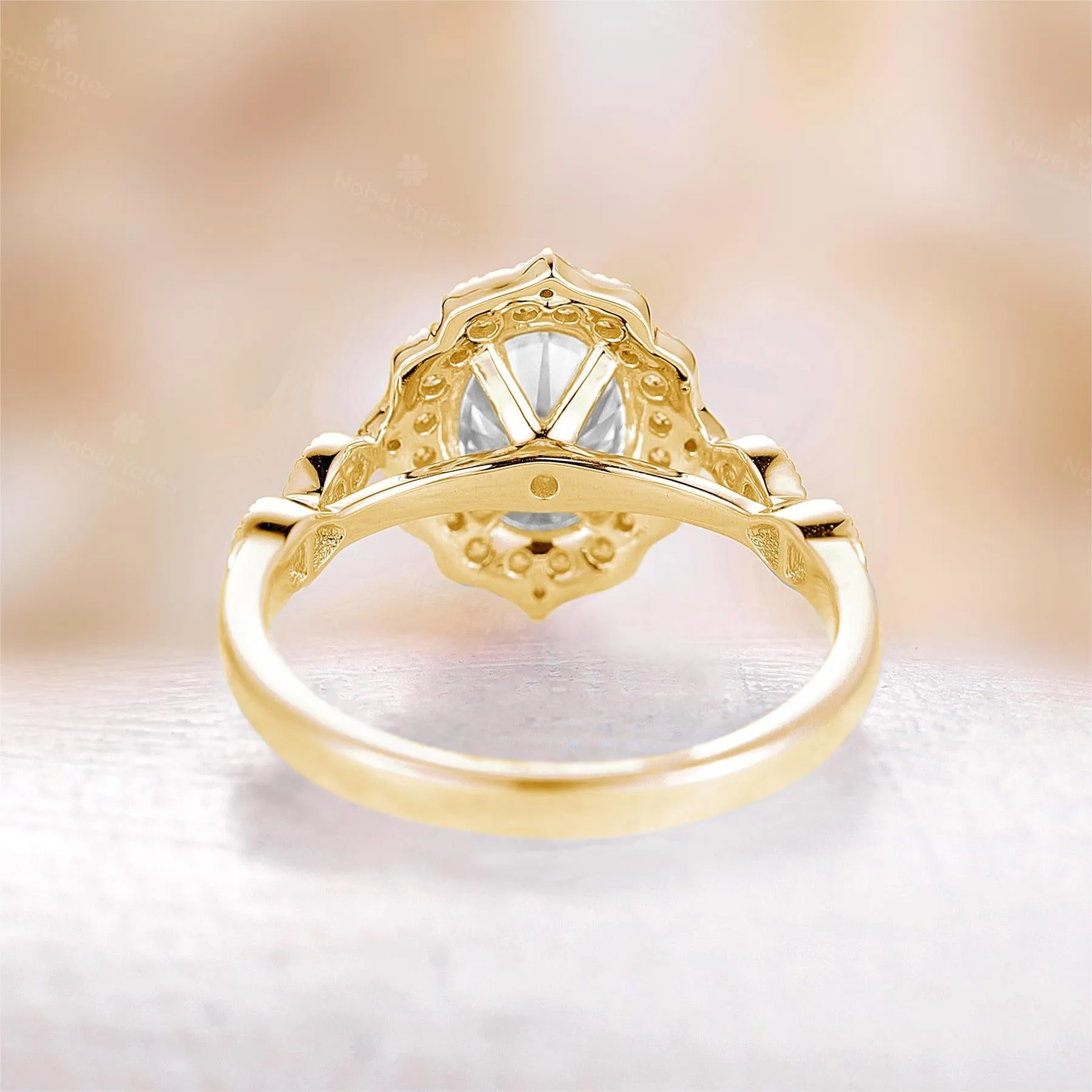 Vintage Oval Moissanite Milgrain Halo Engagement Ring Yellow Gold