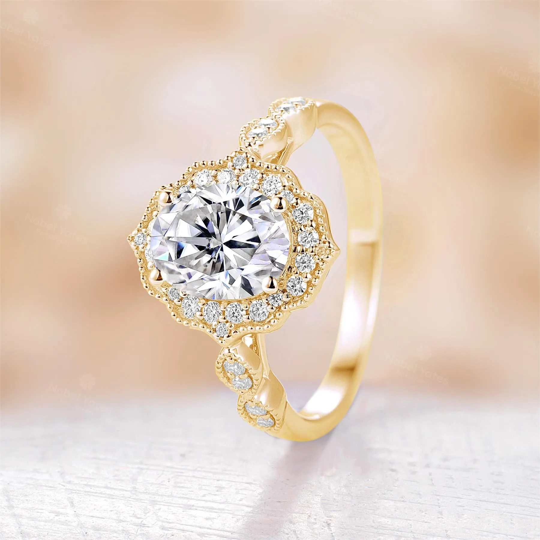 Vintage Oval Moissanite Milgrain Halo Engagement Ring Yellow Gold