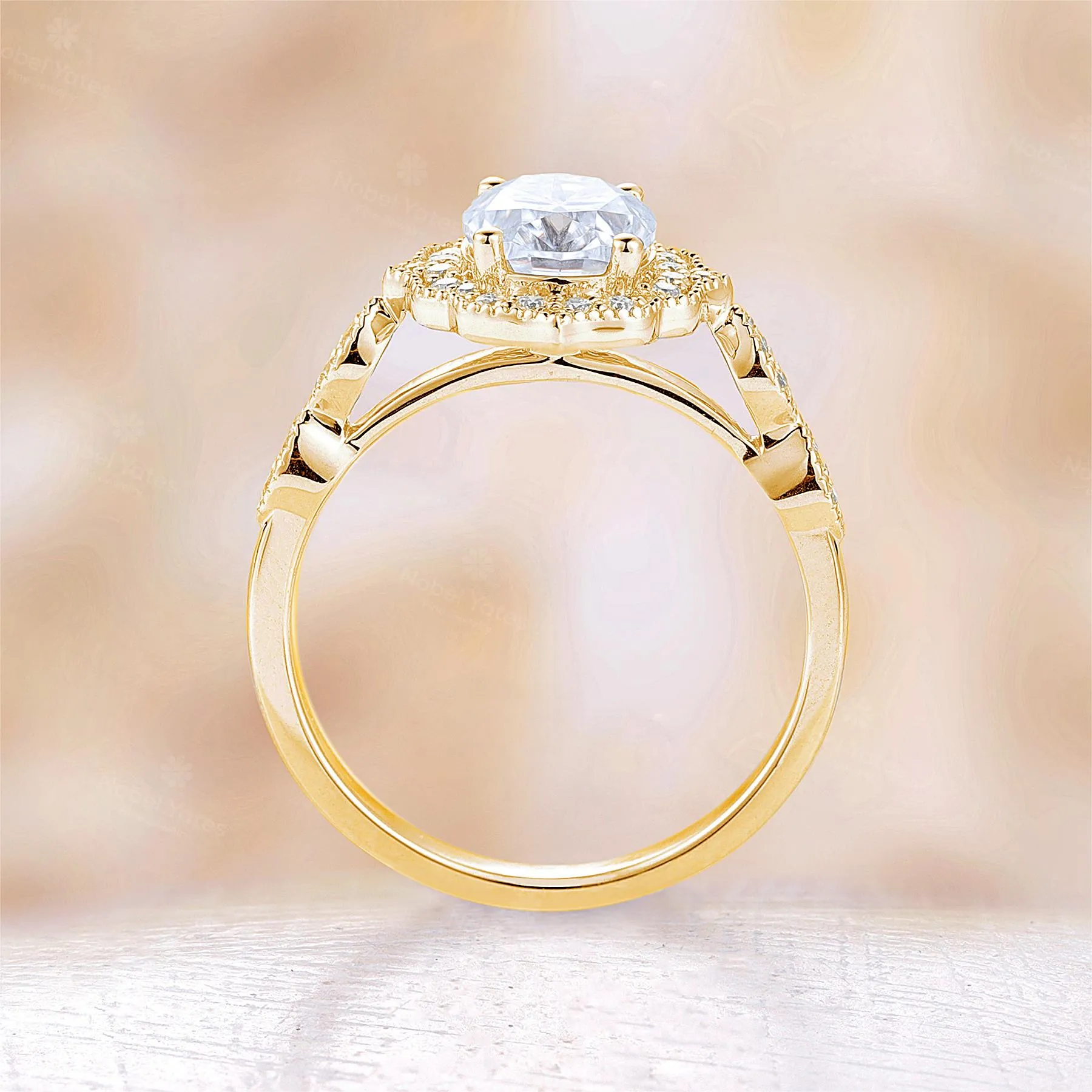 Vintage Oval Moissanite Milgrain Halo Engagement Ring Yellow Gold