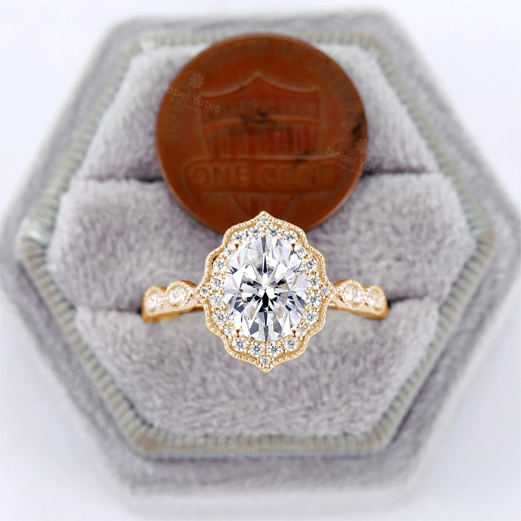 Vintage Oval Moissanite Milgrain Halo Engagement Ring Yellow Gold