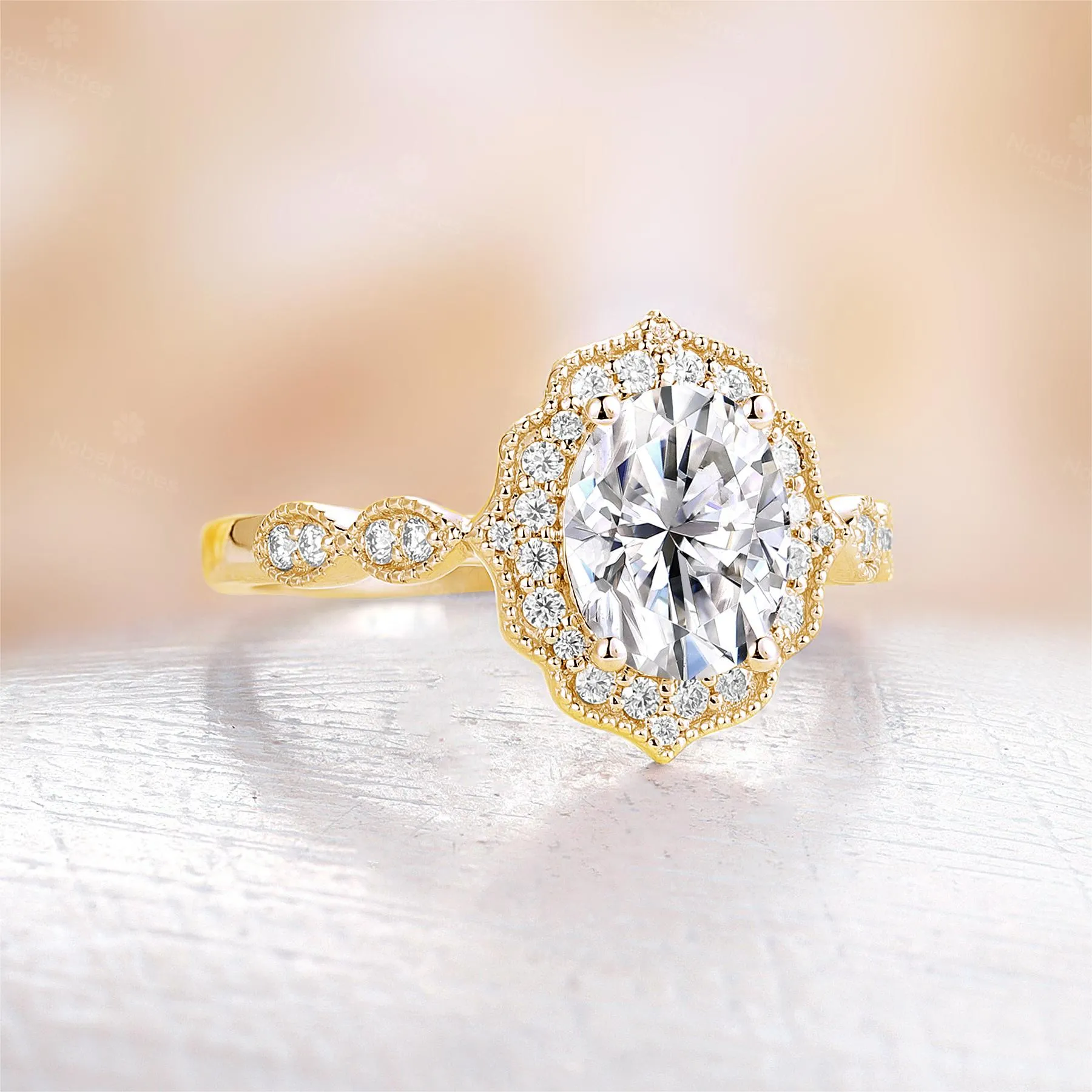 Vintage Oval Moissanite Milgrain Halo Engagement Ring Yellow Gold