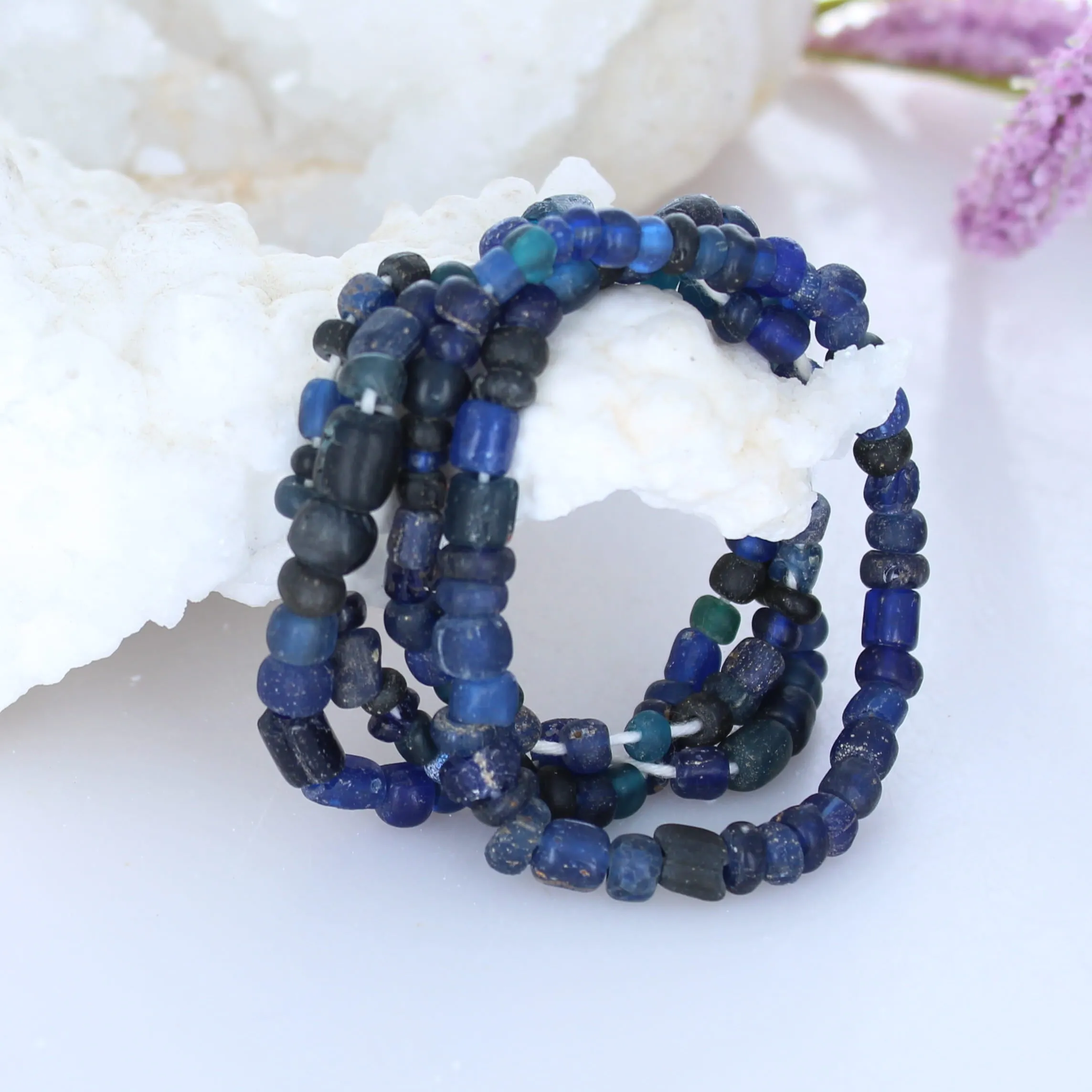 Vintage Peking Glass Beads Deep Ocean Blues 22 4-6mm