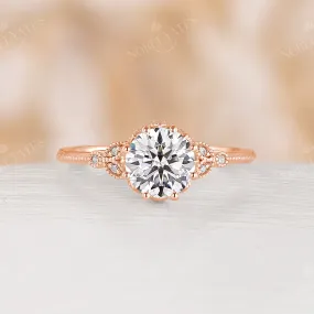 Vintage Round Cut Moissanite Milgrain Leaf Engagement Ring