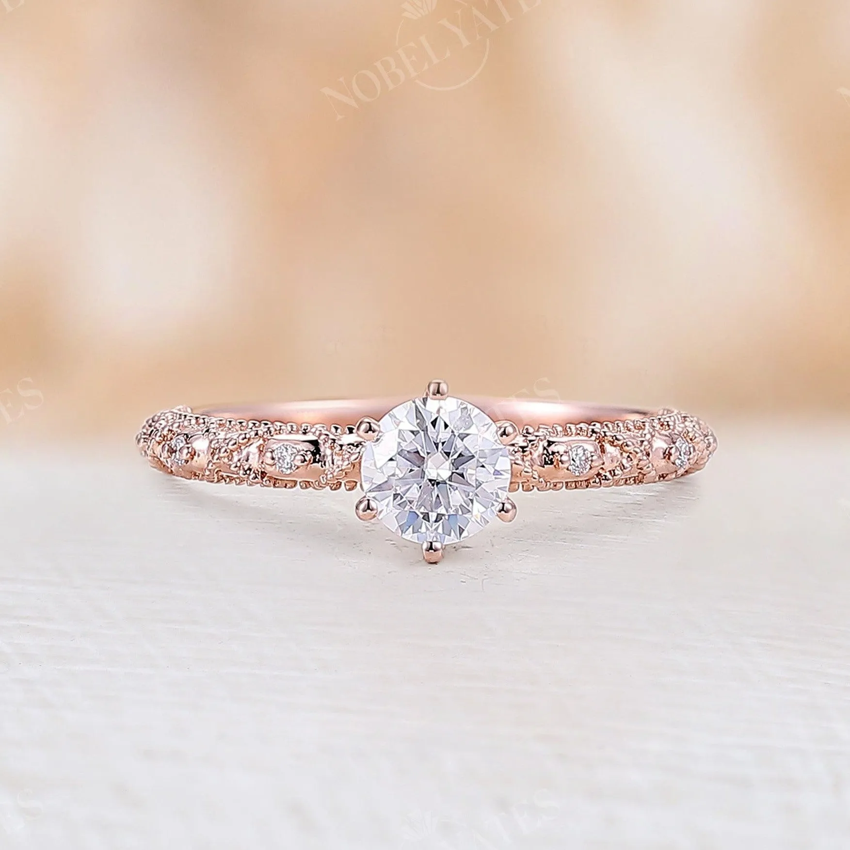 Vintage Round Moissanite Milgrain Engagement Ring Rose Gold