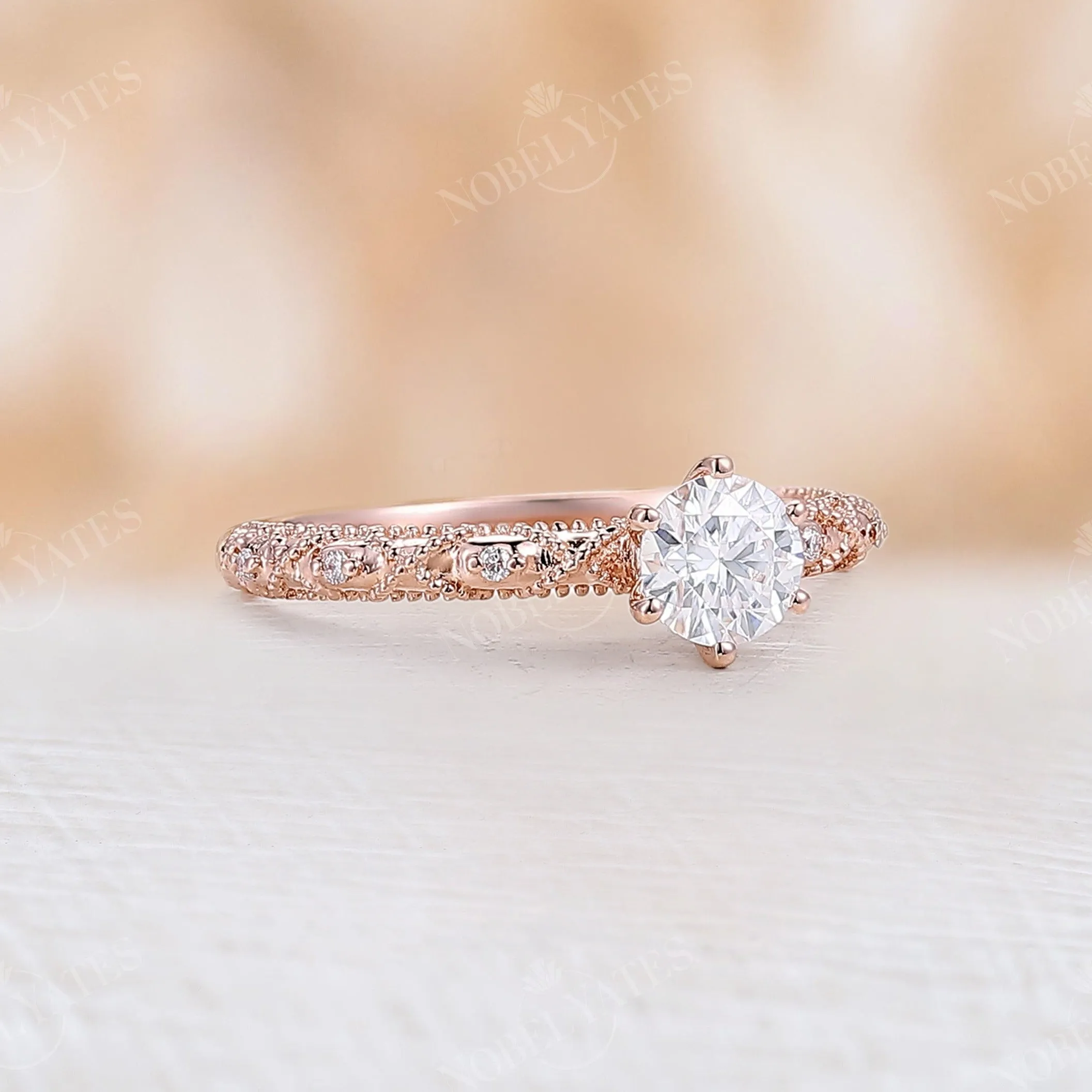 Vintage Round Moissanite Milgrain Engagement Ring Rose Gold