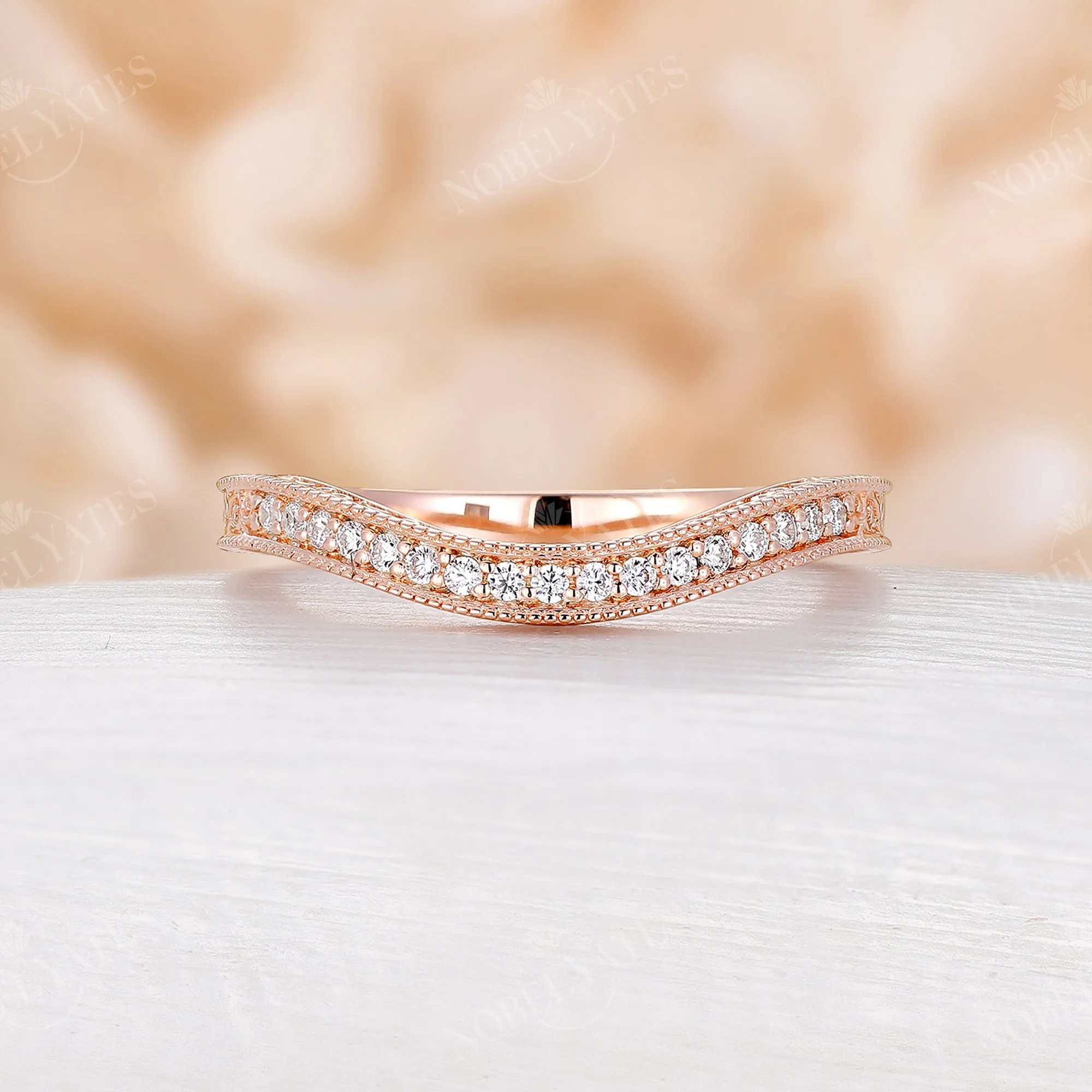 Vintage Round Moissanite Rose Gold Milgrain Curved Wedding Band