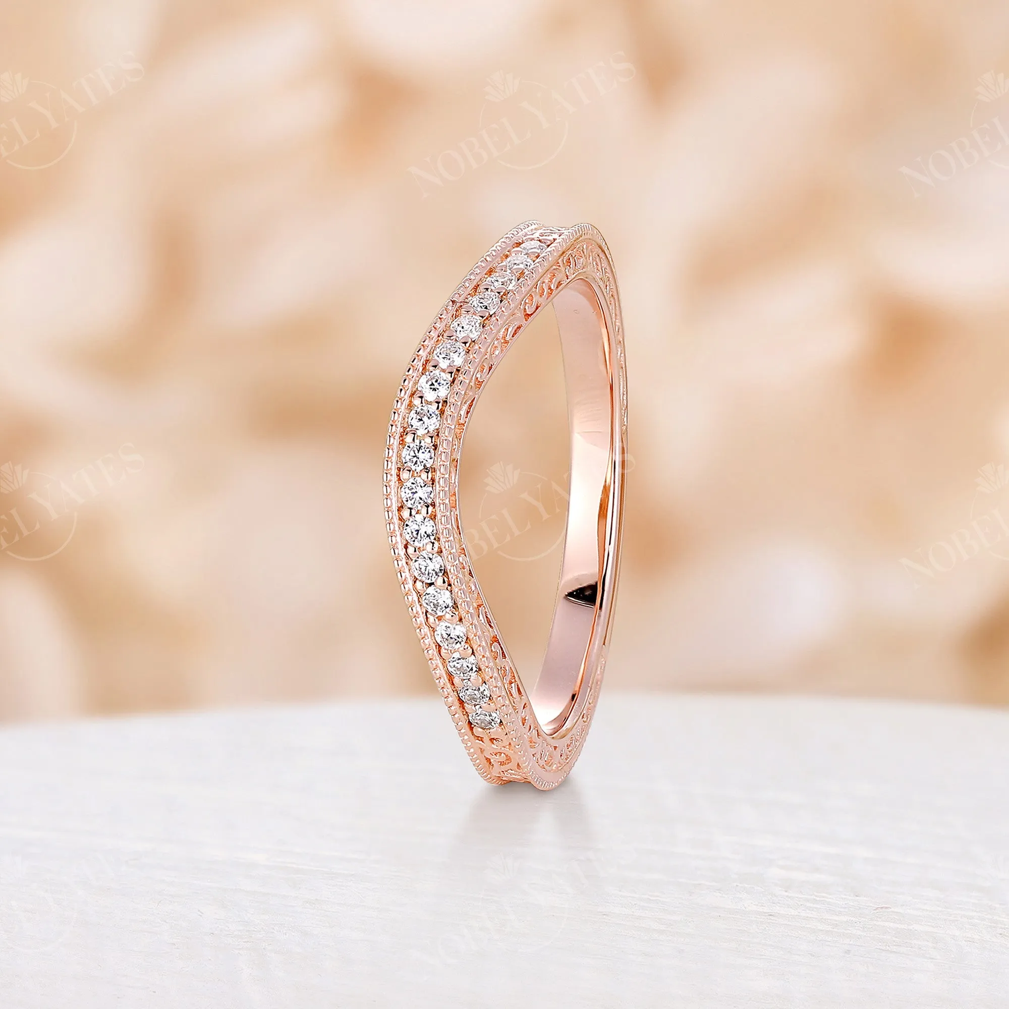 Vintage Round Moissanite Rose Gold Milgrain Curved Wedding Band