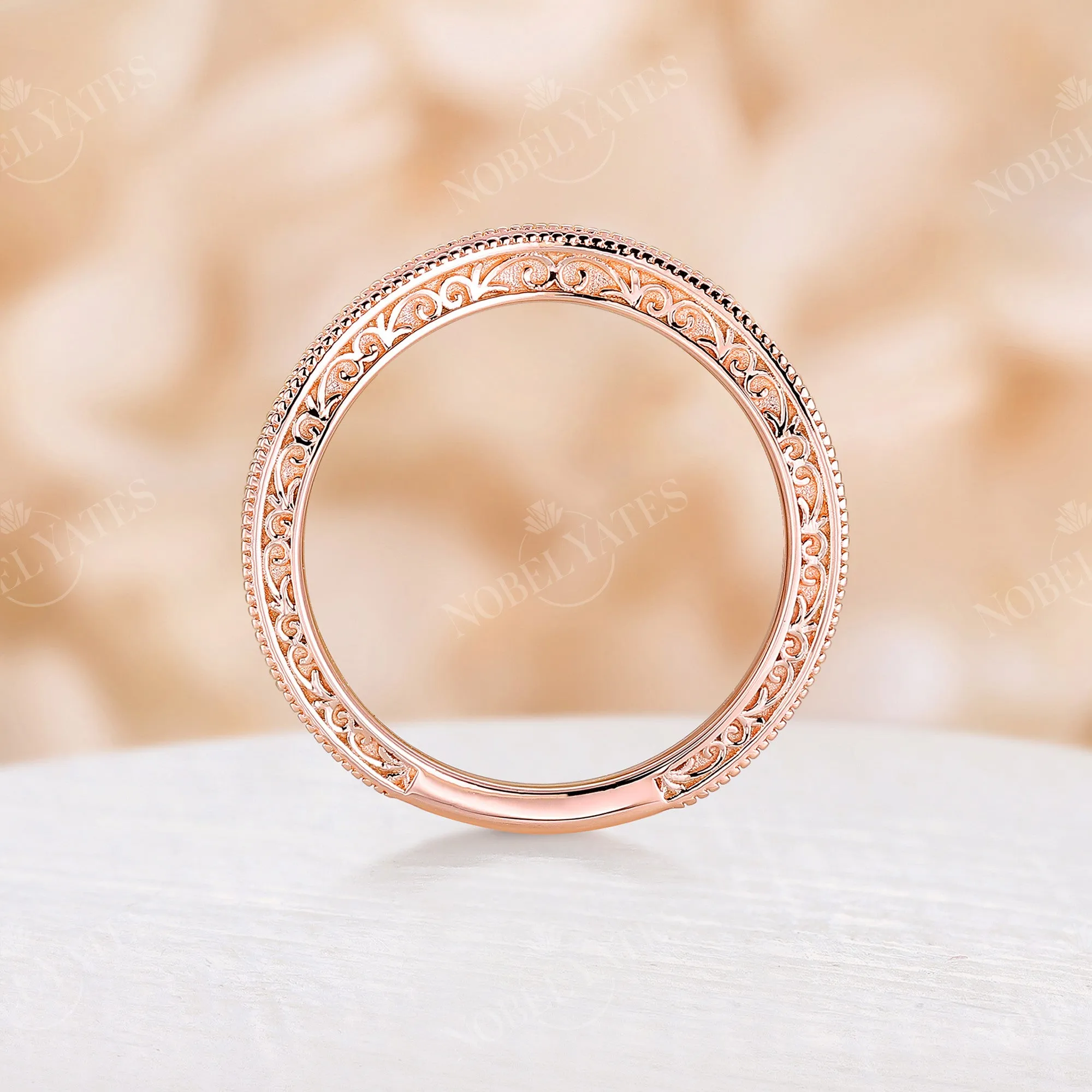 Vintage Round Moissanite Rose Gold Milgrain Curved Wedding Band